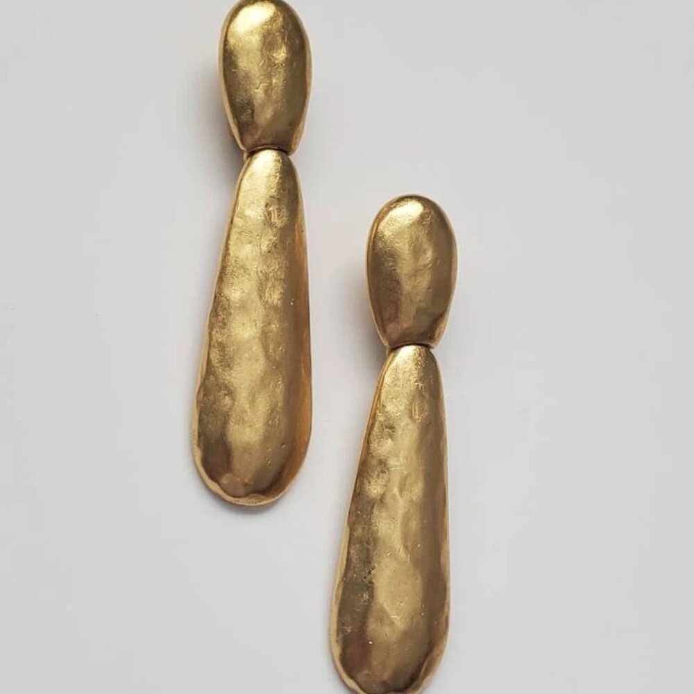 Signed Vendome Hammered Matte Gold-tone Long Clip-on Earrings